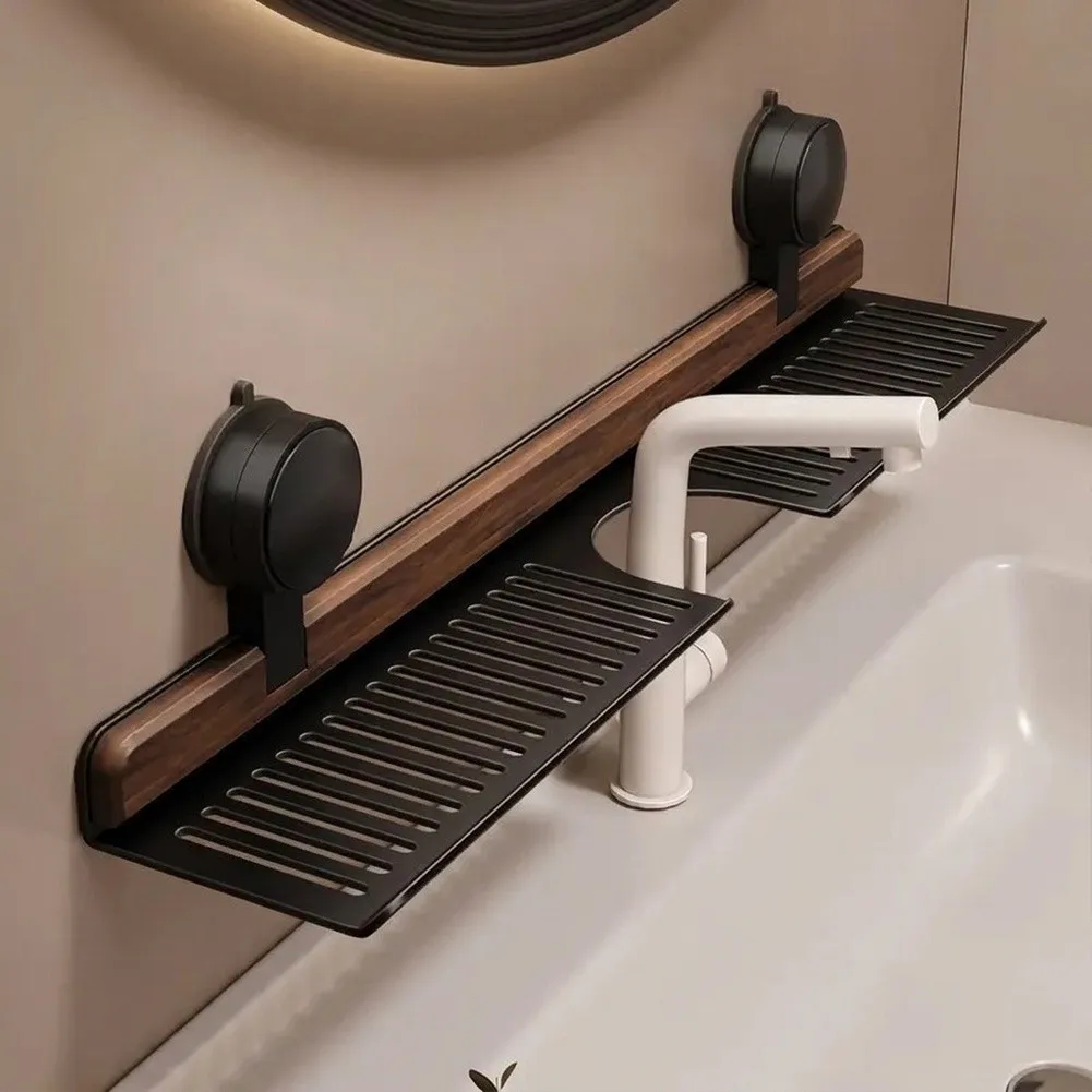 Walnut Suction Cup Shelf for Kitchen and Bathroom Storage with U-Shaped Faucet Cutout and Aerospace Grade Aluminum Support
