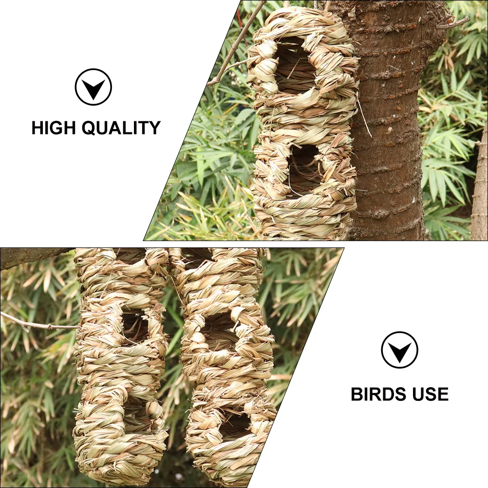 

Straw Bird Nest Natural Mountain Grass Woven Outdoor Pet Hanging Breeding House for Small Birds Durable Three Hole Design Easy