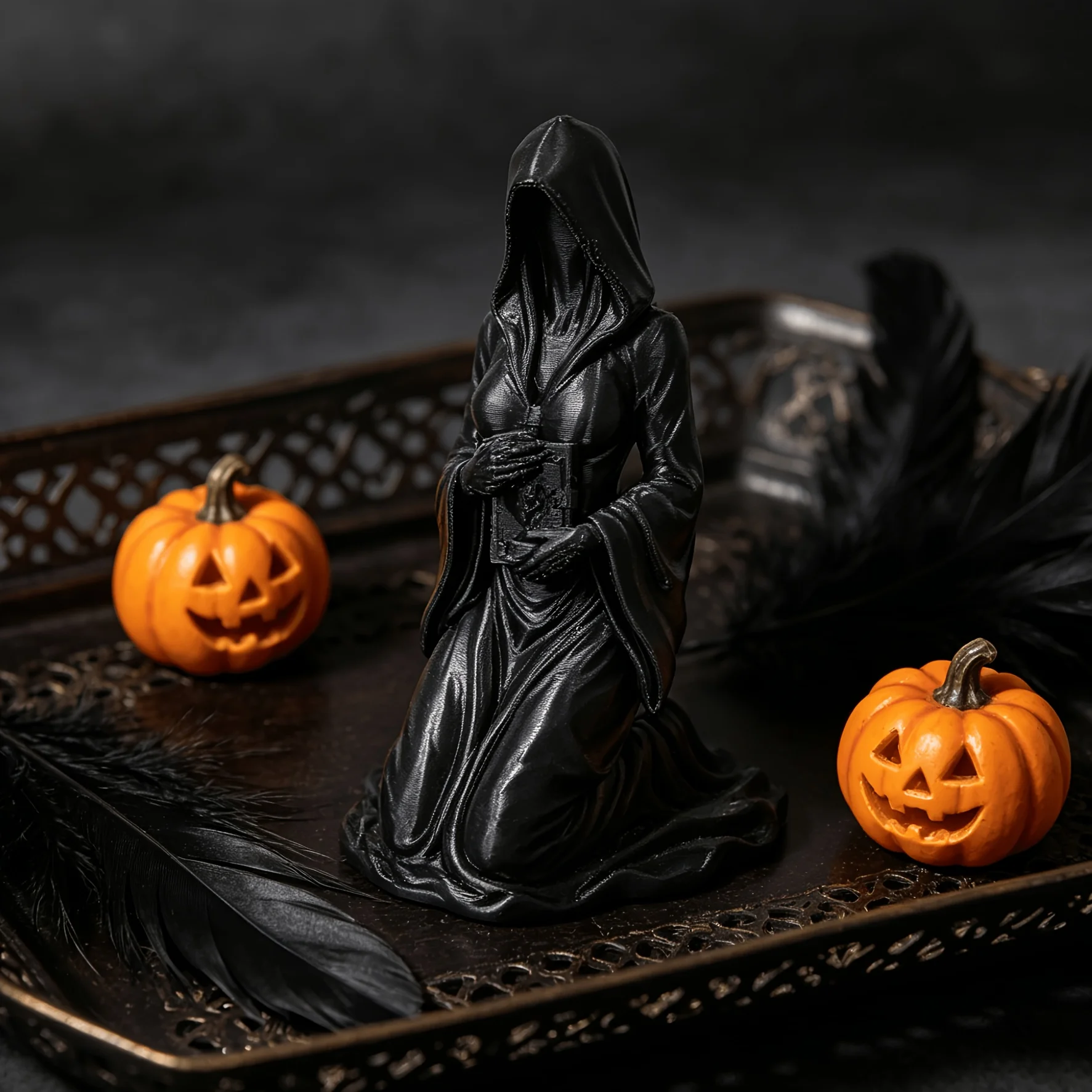 Kneeling Hooded Female Grim Reaper Figurine 3D Print Gothic Home Desktop Ornament Halloween Altar Decor Occult Collectible Gifts