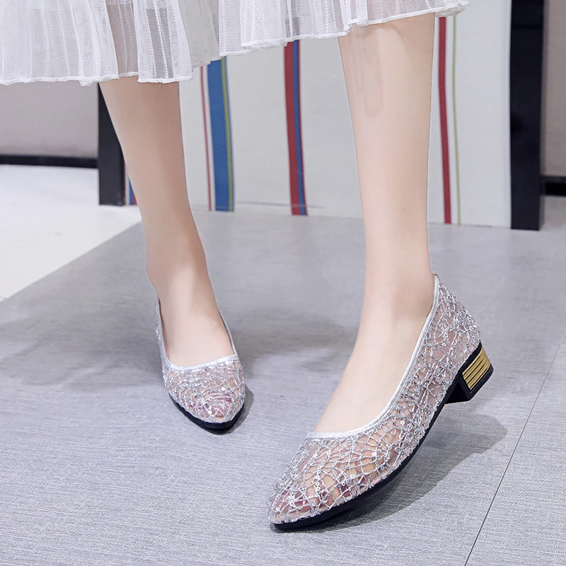 Summer Women\'s Transparent Shoes Female Breathable Mesh Sandals Woman Party Sequins Low Heels Women Silver Big Size Sandals