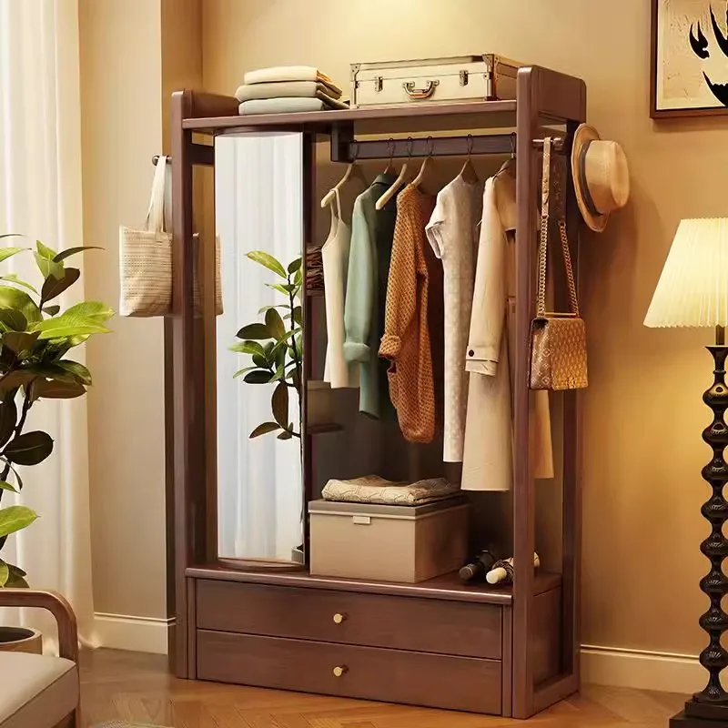 

Rotatable Dressing Mirror Coat Hanger Integrated Floor Standing Modern Bedroom Solid Wood Coat Rack Full-length Living Room