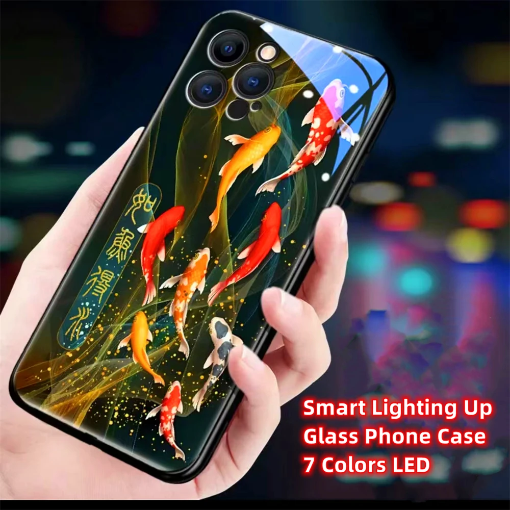 

Colorful Lucky Koi Carp Sound Music Control Led Light Phone Case Glowing Cover For iPhone Air 17 16 E 15 14 13 12 Pro Max Plus