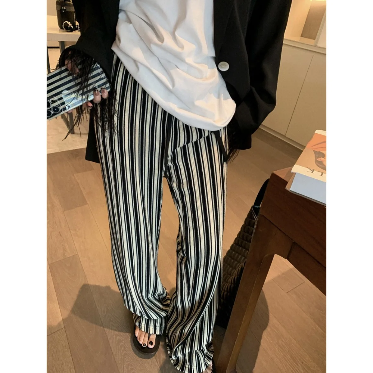 Harajuku 2025 Stripe Wide Leg Trousers Vintage Loose Casual Pant Drawstring Daily Y2k Women Straight Pants Versatile Trend