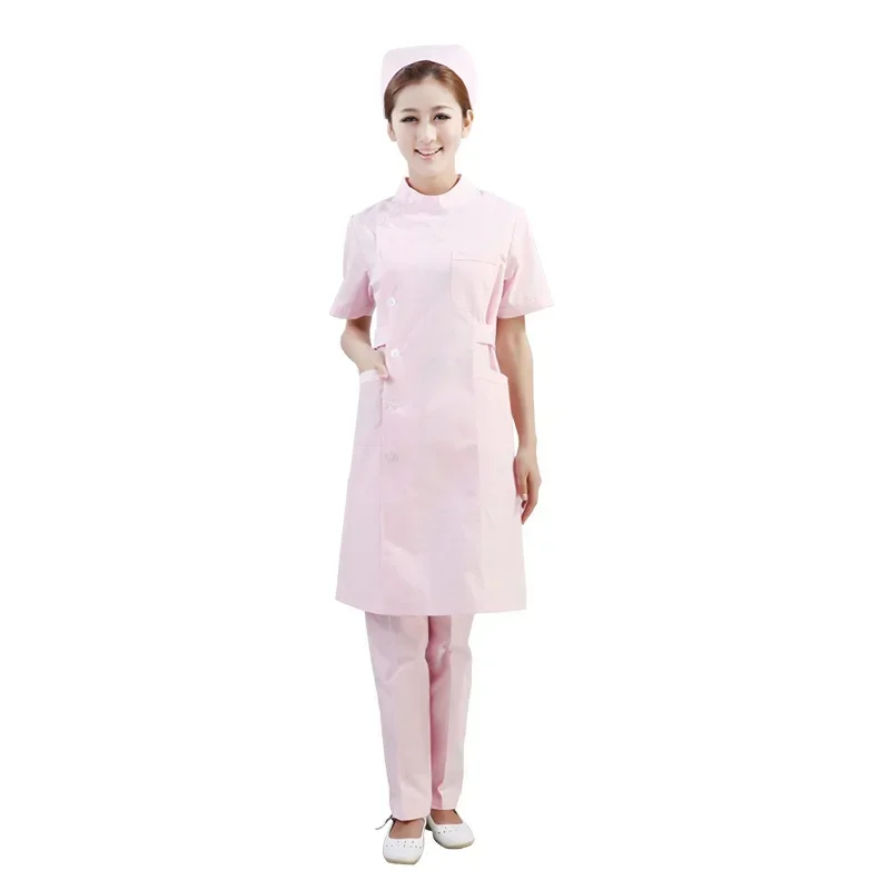 

Womens Nurse Uniform Dresses Mandarin Collar Short Sleeve Slanting Button Front Medical Hospital Nurse Scrub Lab Coat Dress