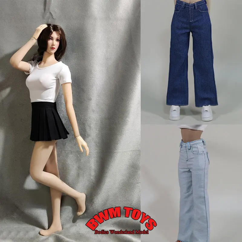 

In Stock 1/6 Scale Female Soldier Solid color Round Neck Tight Short Sleeve Straight Leg Wide Leg Jeans For 12Inch Action Figure