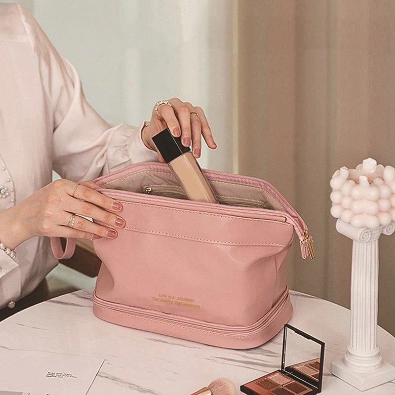 Bolsas de cosméticos para mujer, elegante bolsa de maquillaje de cuero PU, organizador de artículos de tocador de viaje, bolsa colgante de almacenamiento, bolso de maquillaje de mano coreano