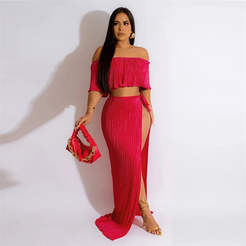 Elegant Two Piece Set for Women Maxi Dress Sets Clubwear Slash Neck Ruffles Crop Top and Long Skirts Beach Club Holiday Outfits