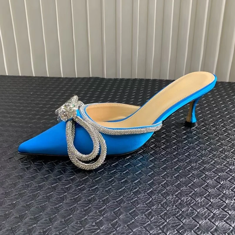 Thin High Heel Pointed Toe Slippers Women Silk Satin Rhinestone Bow-Knot Decor Sandals Summer Sexy Banquet Dress Shoes 2025