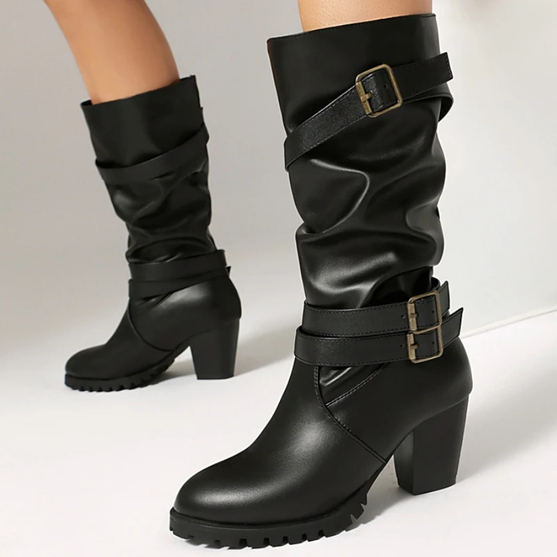 

Pleated Mid-calf Boots Women Fashion 2025 Winter Buckle Western PU Unisex Riding Boots Comfortable Low Heels Footwear Big Size
