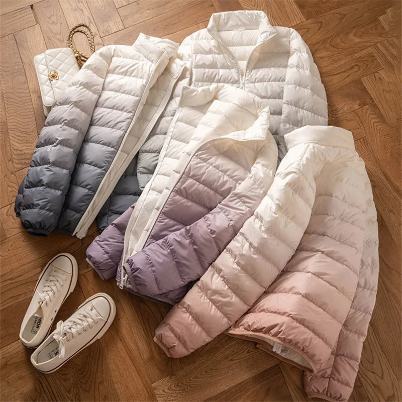 

2023 Autumn Winter Gradient Down Coat Women Warm Ultra Light White Duck Down Jacket Ladies Short Oversize Puffer Parkas Outwears