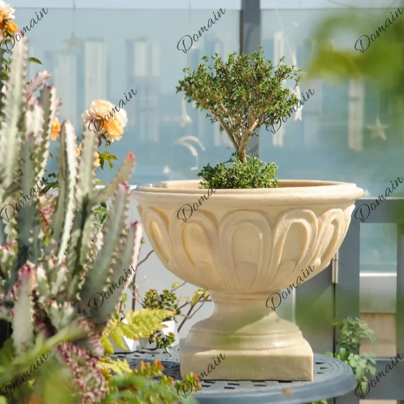 Sc European Large Diameter Planter, Roman Column Decor For Villa Garden, Durable Fiberglass Sandstone Texture Outdoor Flower Pot