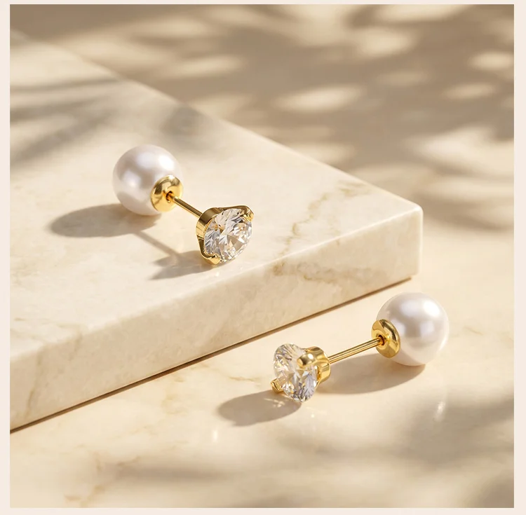 Perlen-Ohrstecker mit Kristall-Rückseite, Goldfarbenes Edelstahl, Eleganter Doppelseitiger Minimalistischer Schmuck – Detail 4