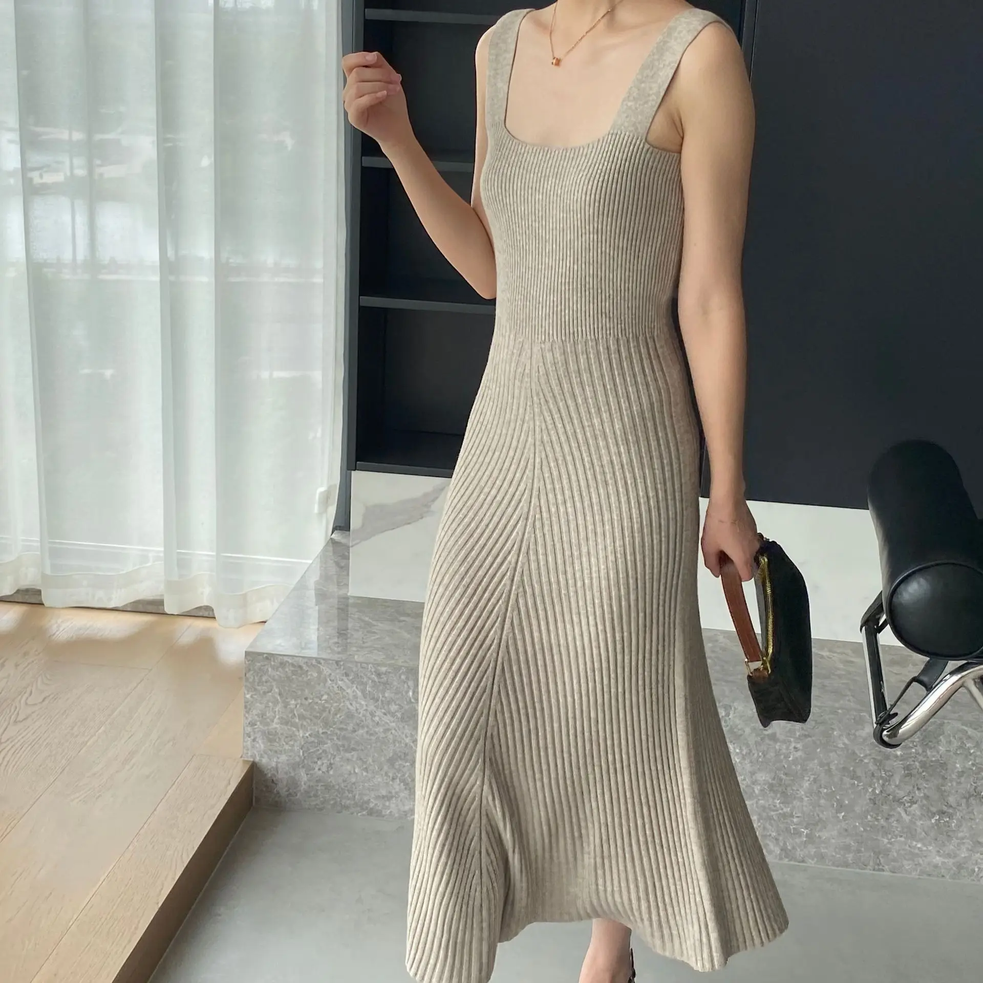 2024 New Women Sexy Sleeveless A-Line Long Dress Solid Color Knitted Material High Stretch Slim Long Sweater Maxi Dress Vestidos