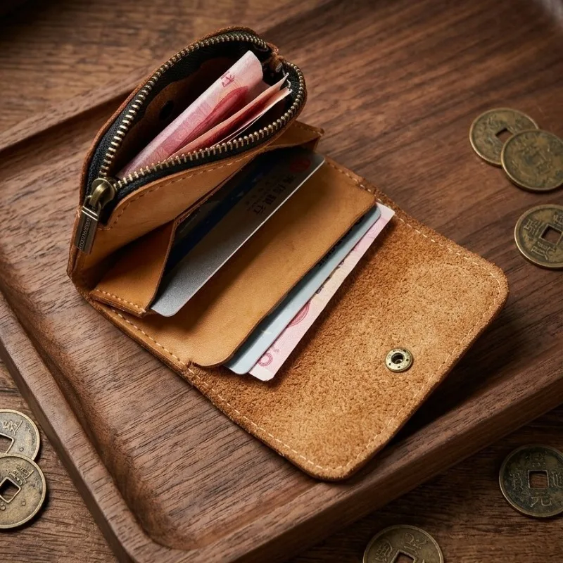 Echtes Leder Reißverschluss-Kartenetui, Vintage Leder Bifold-Geldbörse mit Münzfach, Kartenhalter Münzgeldbörse für Herren & Damen – Detail 9