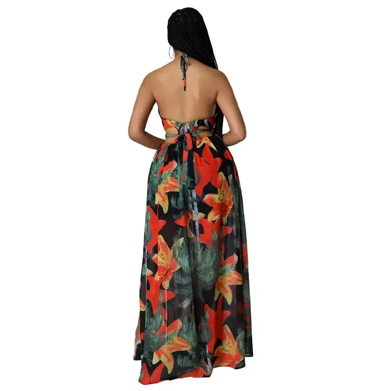 Floral Print Maxi Dress For Women Stylish French Halterneck Summer Dress Mid Length Camisole Dress Elegant High Split Dress