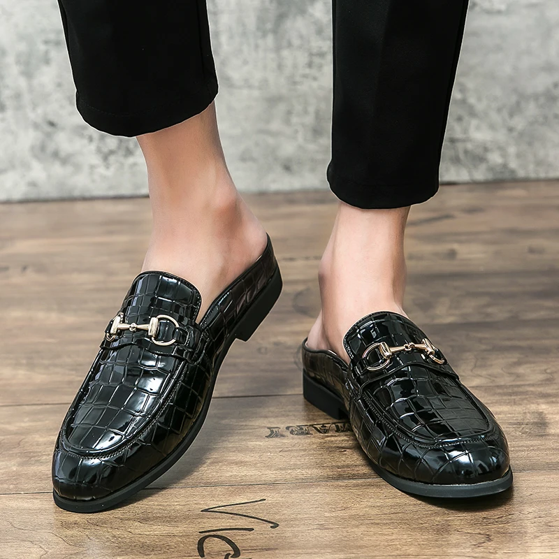 Luxury Brand Original Design British Style Summer Men Patent Leather Mules Shoes Black Hombre Daily Outdoor Casual Dress Slipper