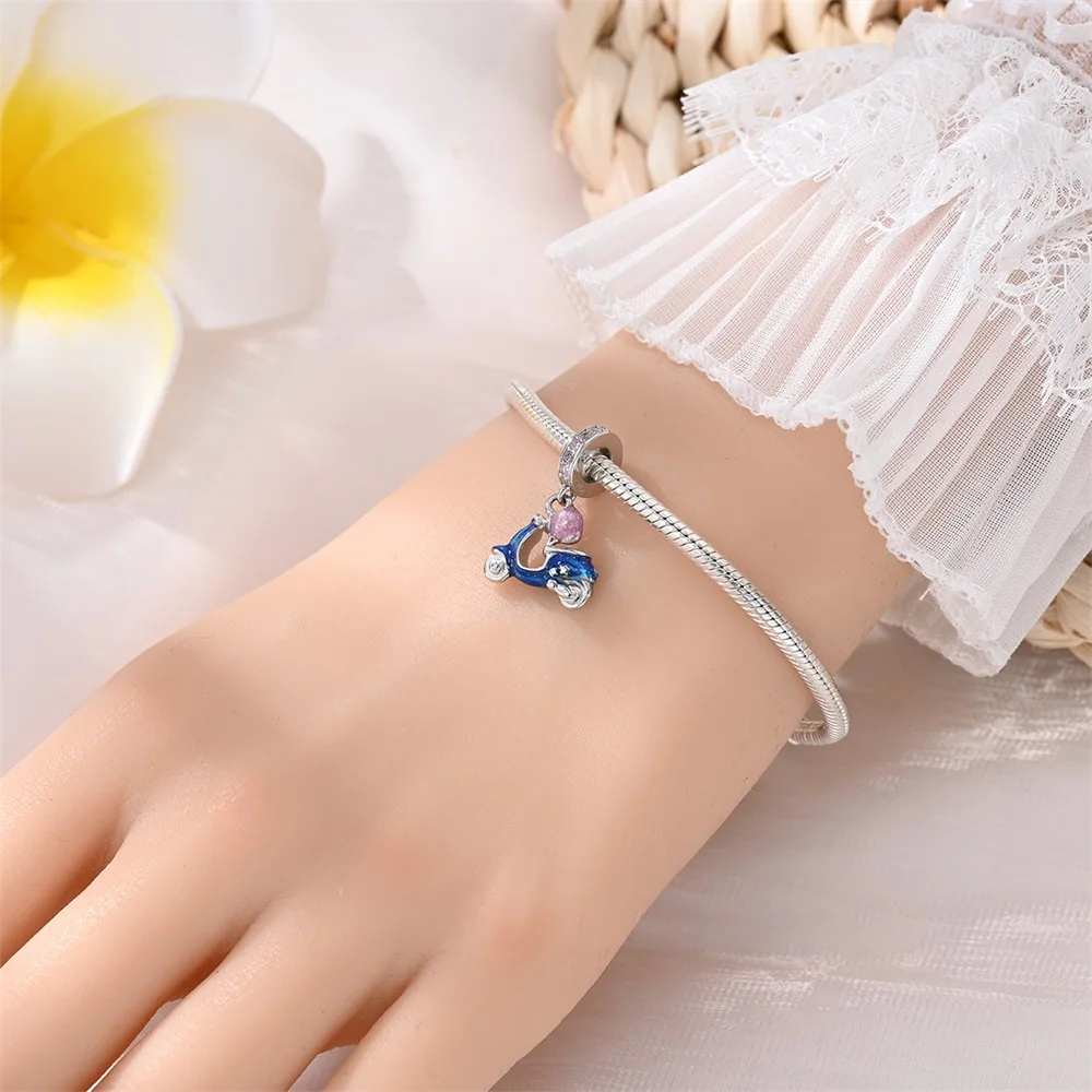 925 Sterling Silver Blue Star Electric Car Pink Helmet Charm Fit DIY Bracelet Necklaces Women's Seaside Jewelry Accessories