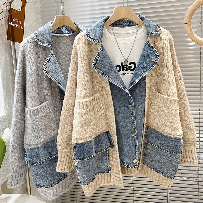 2024 New Autumn Winter Women Splicing Denim Jacket Women Long Sleeve Jean Jackets Female Loose Sweater Cardigan Jacket