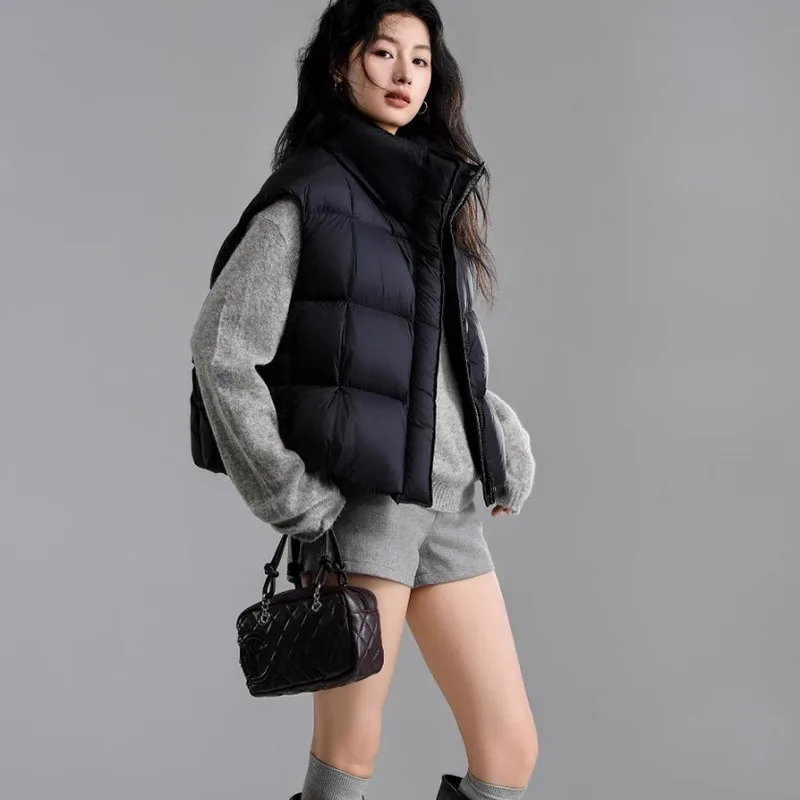 New Short Stand-Up Collar Thickened Down Women's Waistcoat For Winter Cream Puff-Like Warm White Duck Down Vest JJ645