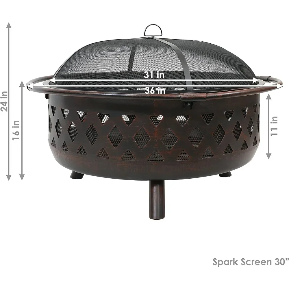 36-Inch Bronze Crossweave Wood-Burning Fire Pit - Includes Spark Screen, Fireplace Poker, and Round Cover