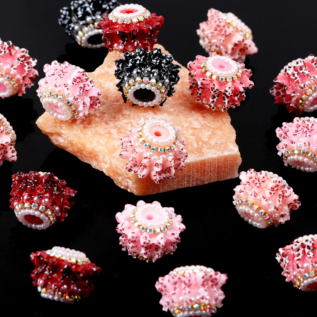 4/9pcs Random Color Ruffled Leopard Print Rhinestone Acrylic Beads 18*24mm Loose Beads For DIY Bracelet Necklace Craft Making