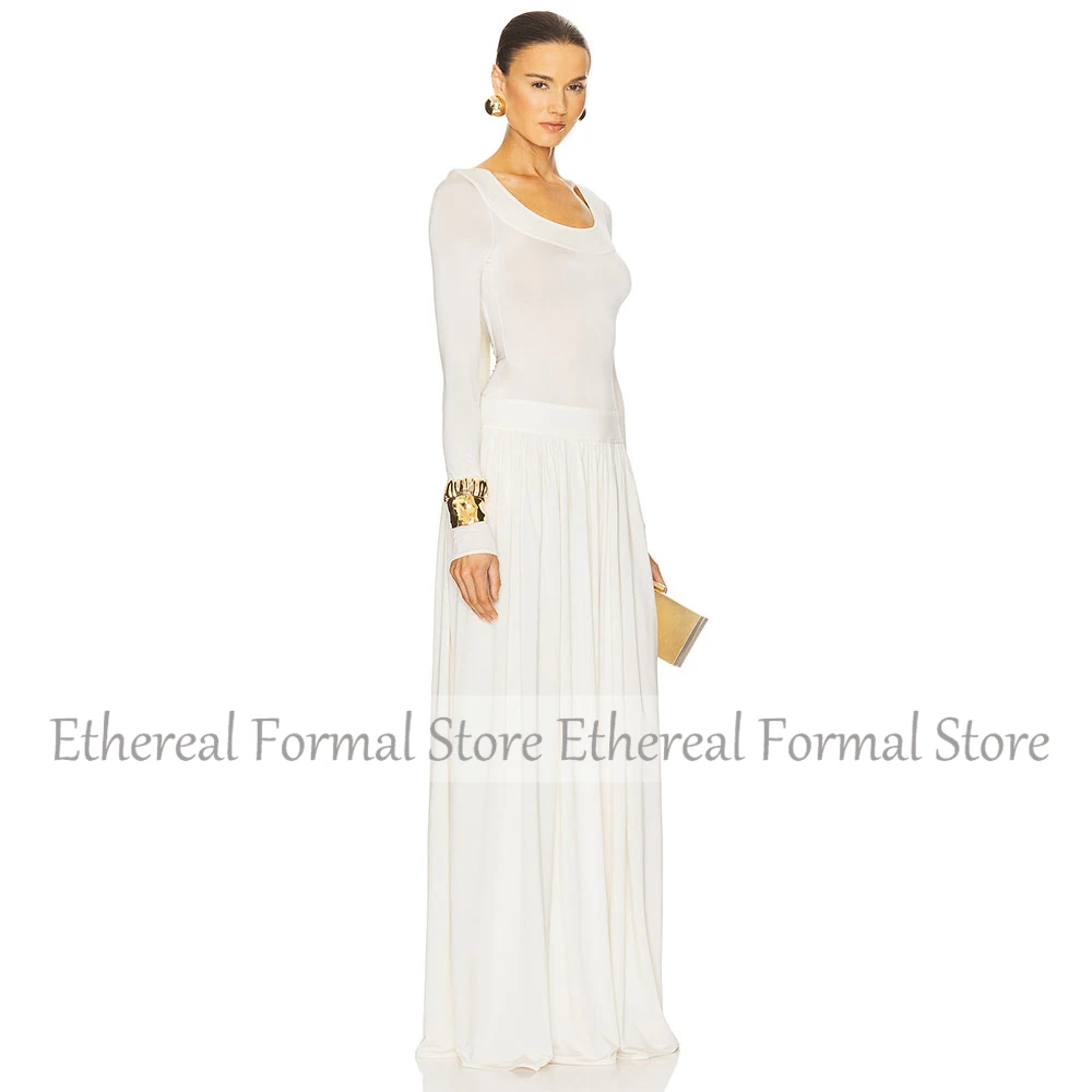 Modern A Line Ivory Women's Evening Dress O Neck Evening Gown For Wedding Long Sleeves Floor Length Simple Formal Dresses