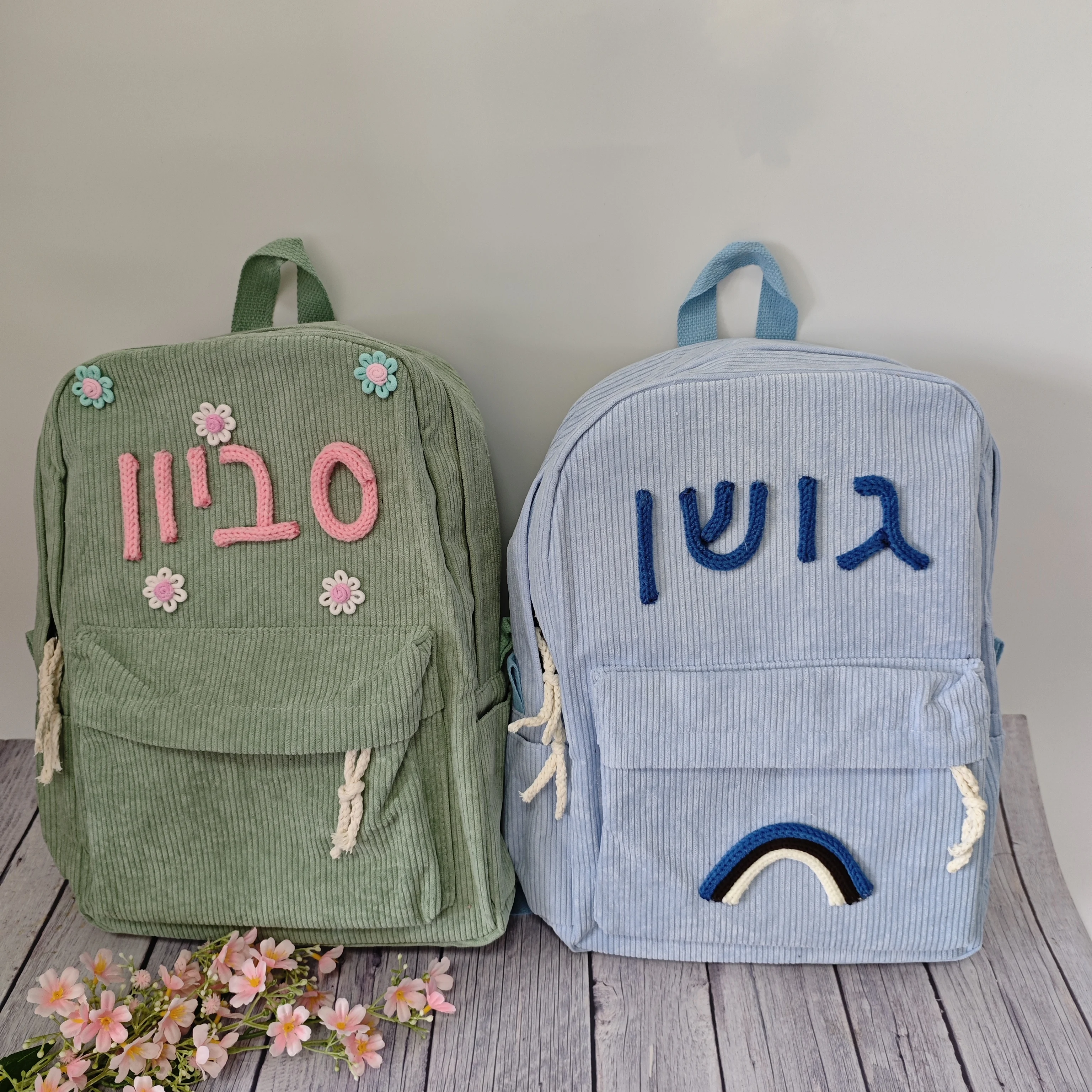 

Custom Large Capacity Backpacks Christmas Gift Hand-Made Special Names Multicolor Ropes Yarn Colors Rainbow Heart Flowers Bags