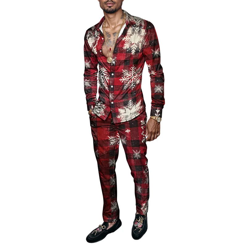 

Весенне-летний мужской комплект рубашек с рождественским принтом, модный мужской комплект Ropa Hombre, мужской комплект из 2 предметов, легкий праздничный комплект со снеговиком и длинными рукавами