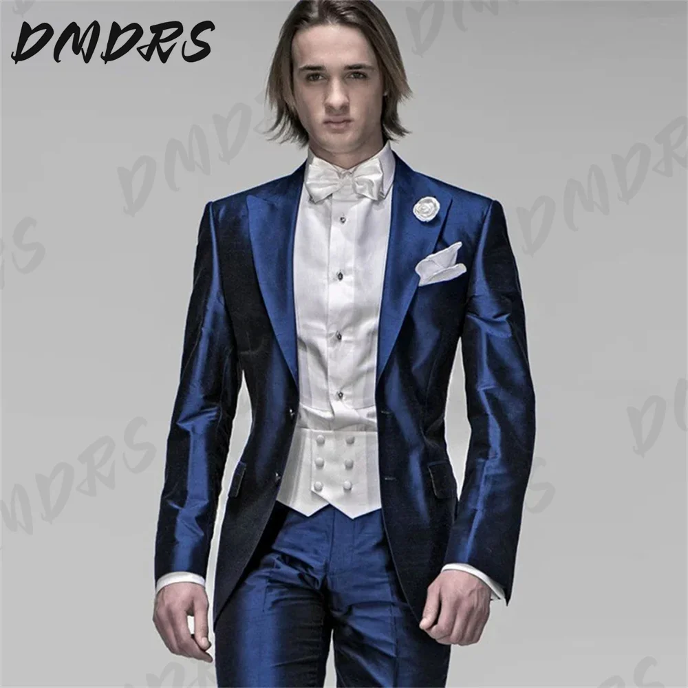 Handsome Slim Fit Formal Gentlemen Wedding Suits for Men Italian Navy Blue Satin Men Suits Tuxedos Blazer 2 Pieces JACKET+PANTS