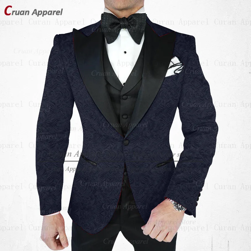 

10 Colors 2022 Red Jacquard Wedding Men Suit Set Slim Fit Groomsmen Groom Tuxedo Tailor-made Stylish Blue Jacket Vest Pants 3Pcs