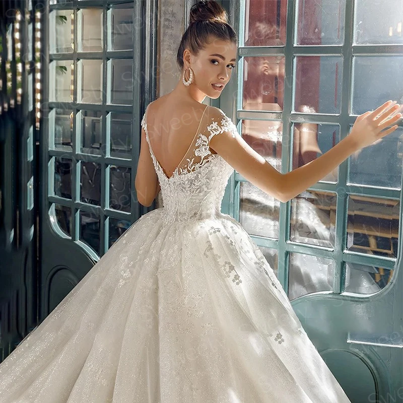 Glamouröses Hochzeitskleid mit bestickter Spitze auf Netz und Prinzessin-Ballkleid, volle Ärmel, U-Boot-Ausschnitt, Brautkleid, schickes Vestido de Novia