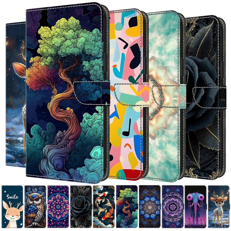 Leder-Handyhülle für Google Pixel 10A 9A 8A 7A 6A 6 7 8 9 10 Pro XL Flip Cover Magnetische Brieftasche mit Bemalten Blumen und Hirsch-Motiv