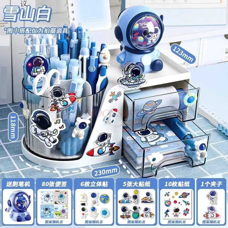 1set-pen-holder-storage-box-large-capacity-children's-student-desk-drawer-style-three-in-one-360-degree-astronaut-pen-holder