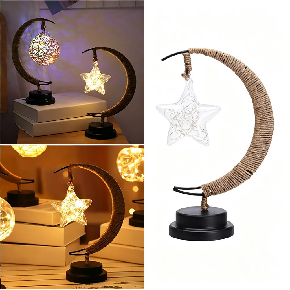 Star Moon LED Night Light with USB Charging, Iron Bedside Lamp for Bedroom Sleep & Decoration