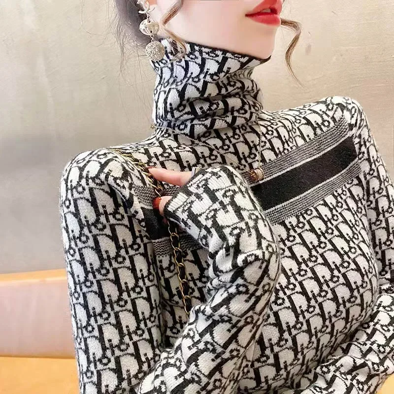 Women Clothing Letter Jacquard Knitted Pullovers Autumn Winter Fashion Vintage Turtleneck Sweaters Comfortable Soft Wool Tops