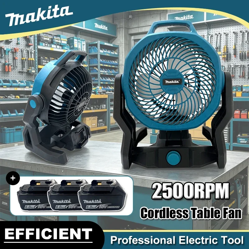 

Makita Cordless Table Fan Portable Camping Fan 21V Multi Purpose Adjustable Head 3 Speed Setting Powered Desktop Floor Fan