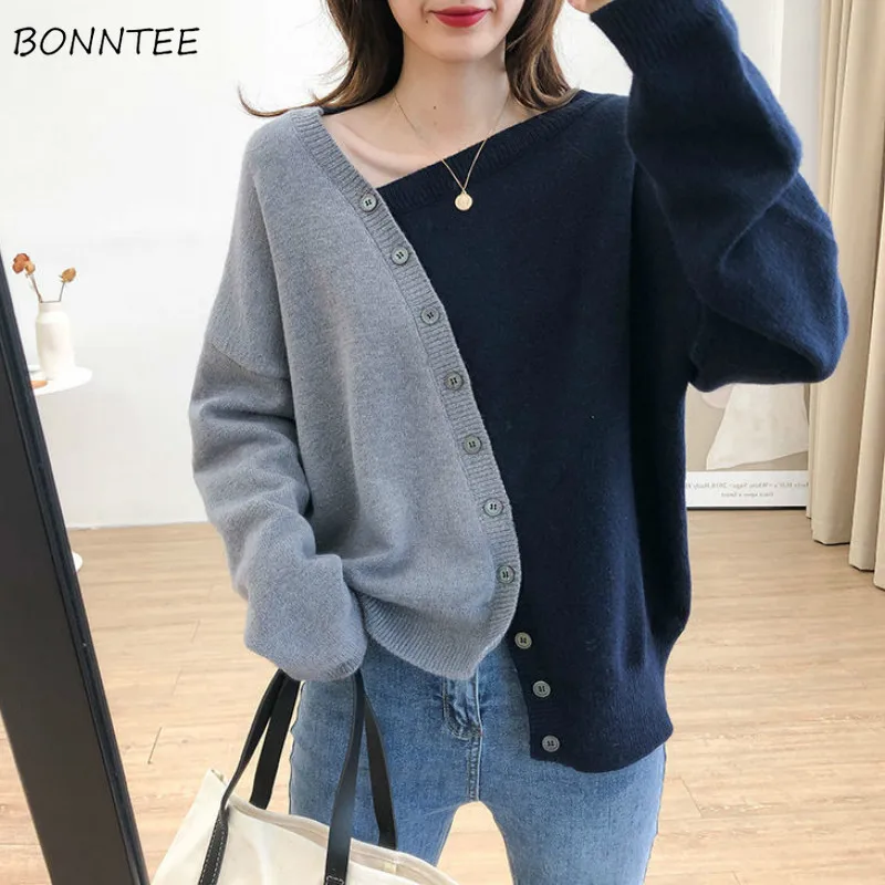 

Pullovers Women Irregular Patchwork Single Breasted Casual Knitting Design Elegant Korean Style Chic Clothes Hot Sale Knitwear