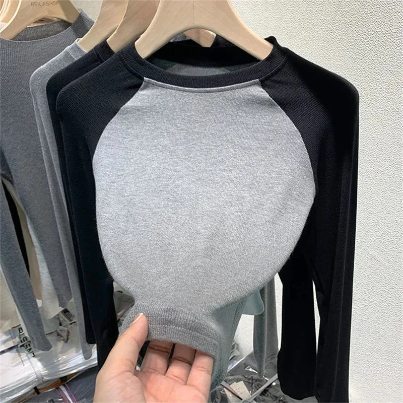 

Korean Fashion Tshirts 2022 New Spring-autumn Fashion Ladies Patchwork Slim Tops Vintage Women Chic Tees Sweet Oversized Sweater