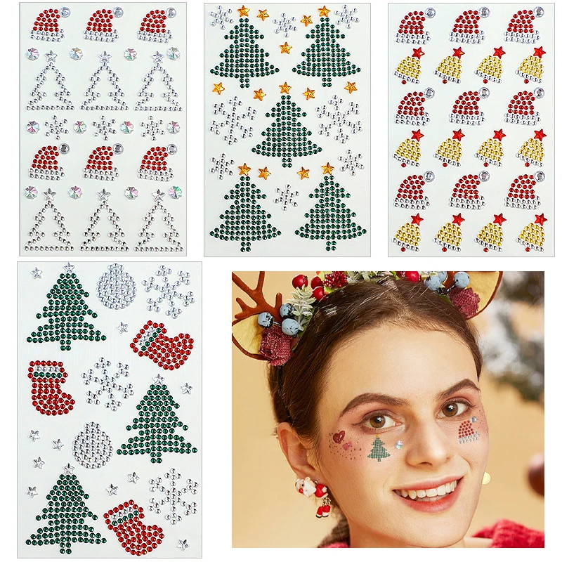 

Christmas Makeup White Snowflake Christmas Tree Stickers Rhinestone Eyes Face Temporary Tattoo Self Adhesive Patch Festival Stag