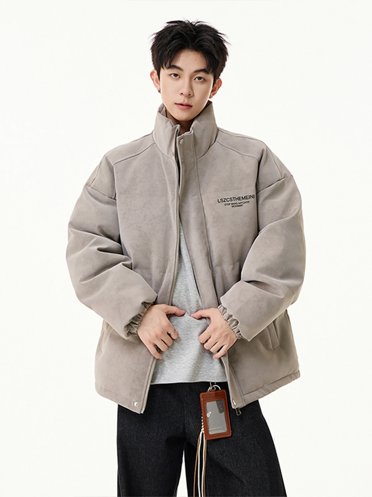 Jaket Pria Kulit PU Matte Katun Amerika, Model Trendy, Musim Gugur Musim Dingin, Baru, Longgar, Hangat, Kerah Tegak, Model Bread Coat