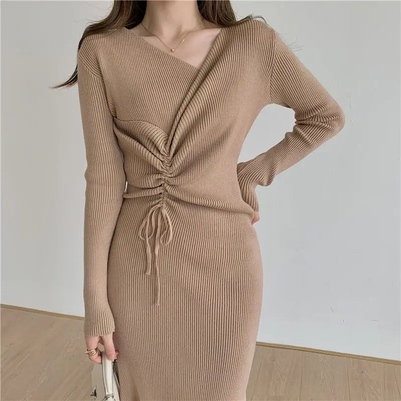 Women\'s Ruched Lace Up Elegant Chic Bodycon Ribbed Knitted Dresses Sexy V Neck Long Sleeve Solid Split Midi Dress Party Vestidos