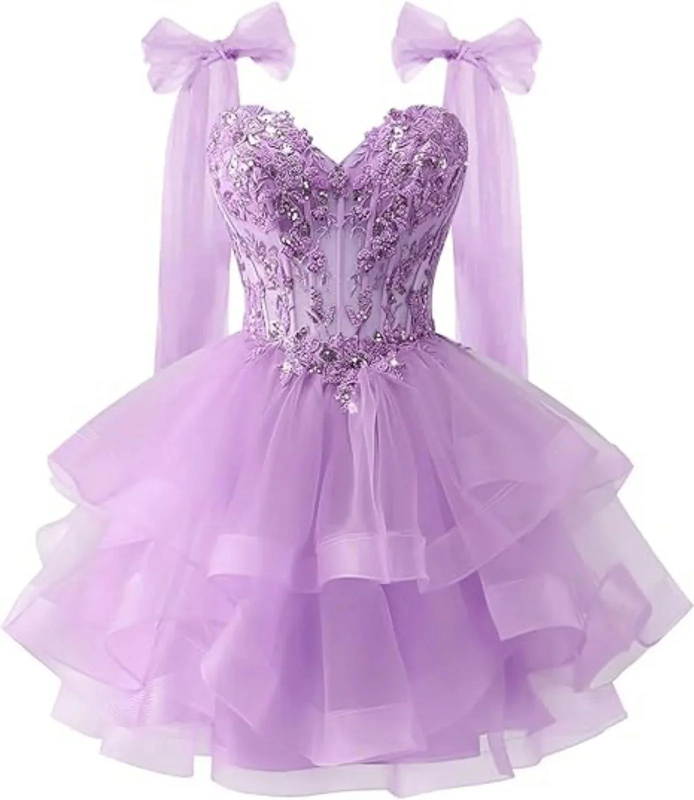 

Sparkly Lace Applique Tulle Homecoming Dress Bow Straps Short Prom Dress Teens Quinceanera Party Gown Dress