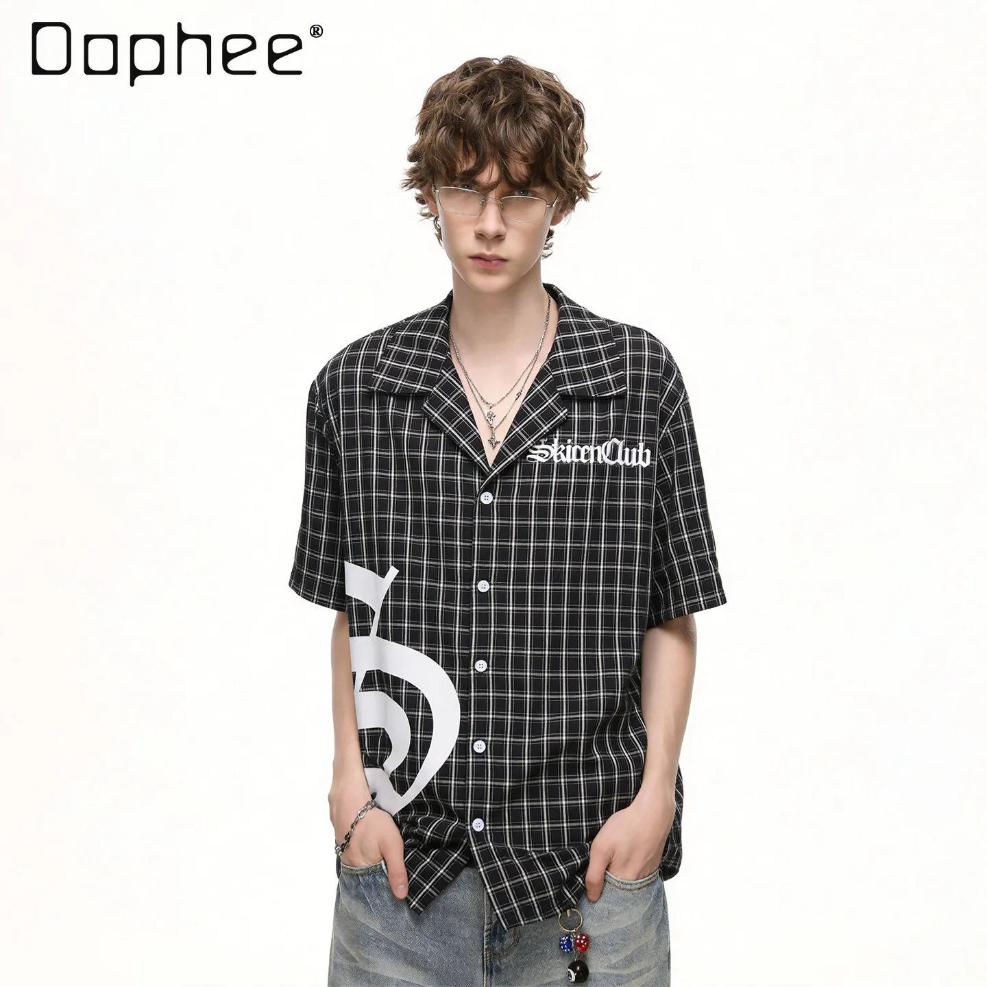 

Summer New American High Street Vintage Style Men's Loose Casual Red Black Plaid Embroidered Lapel Short Sleeve Shirt