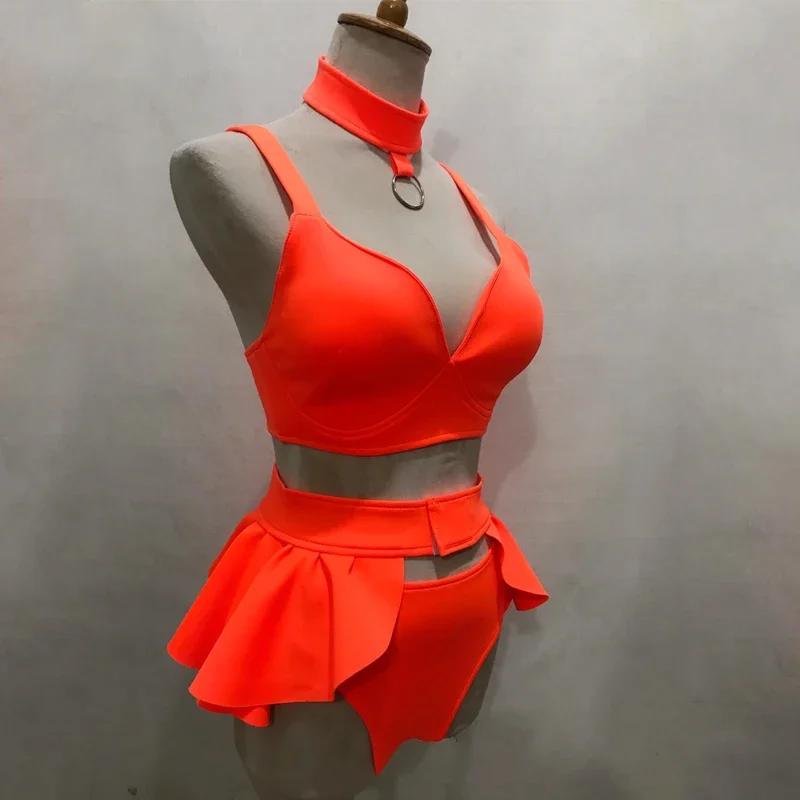 Nowy Seksowny Strój Tancerki Gogo Fluorescencyjny Pomarańczowy Bikini Damski Zestaw do Tańca Jazzowego na Scenę, do Klubu Nocnego, dla DJ-a