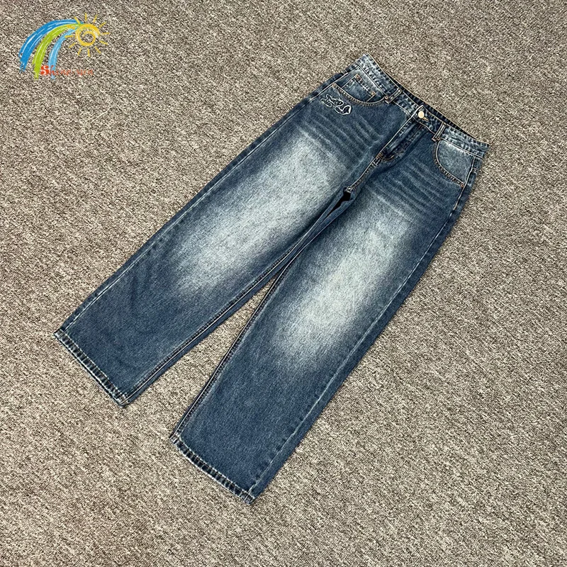 

Винтажные джинсовые брюки с вышивкой синего медведя и рыбы для мужчин и женщин, унисекс, прямые свободные джинсы с пробуждением, внутренние бирки