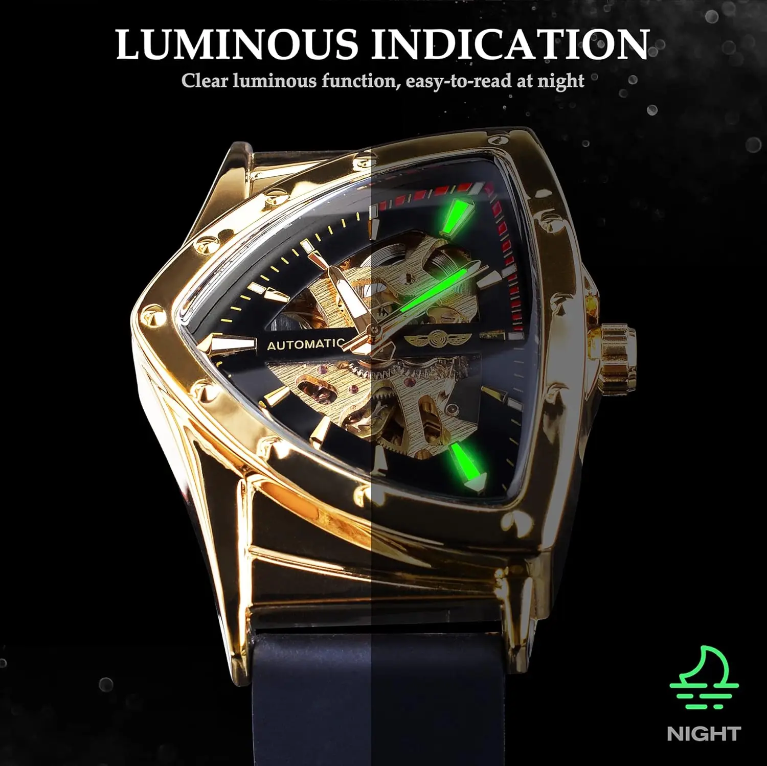 Reloj automático esqueleto para hombre con esfera triangular luminosa, correa de acero inoxidable o silicona