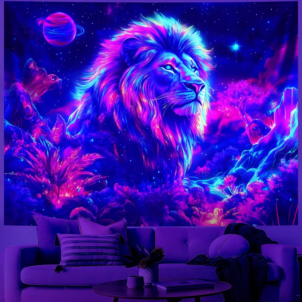 VIKAMA Neon-Sternenhimmel-Löwen-Wandteppich im Cyberpunk-Stil, E-Sport-Raum-Wandbehang, Stoff für Schlafzimmer, Wohnheim, Heimdekoration