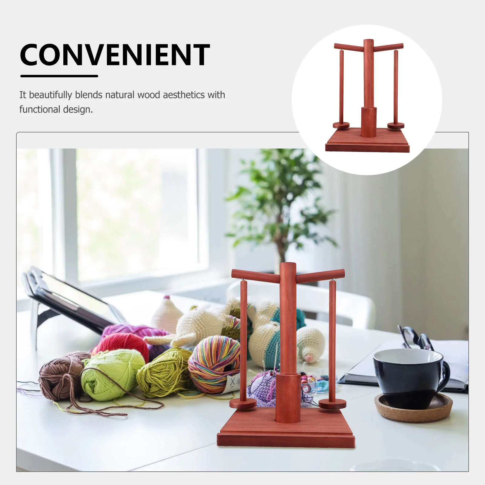 Wooden Yarn Storage Organizer Rotating Yarn Holder Double Spindles Thread Rack Home DIY Knitting Crocheting Spool Stand