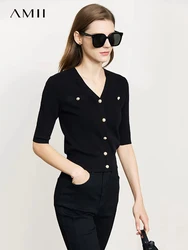 AMII Minimalism Knitted Cardigan for Women 2025 Autumn Slim Single Breasted Stylish V-neck T-shirt Commuter French Tops 72321013