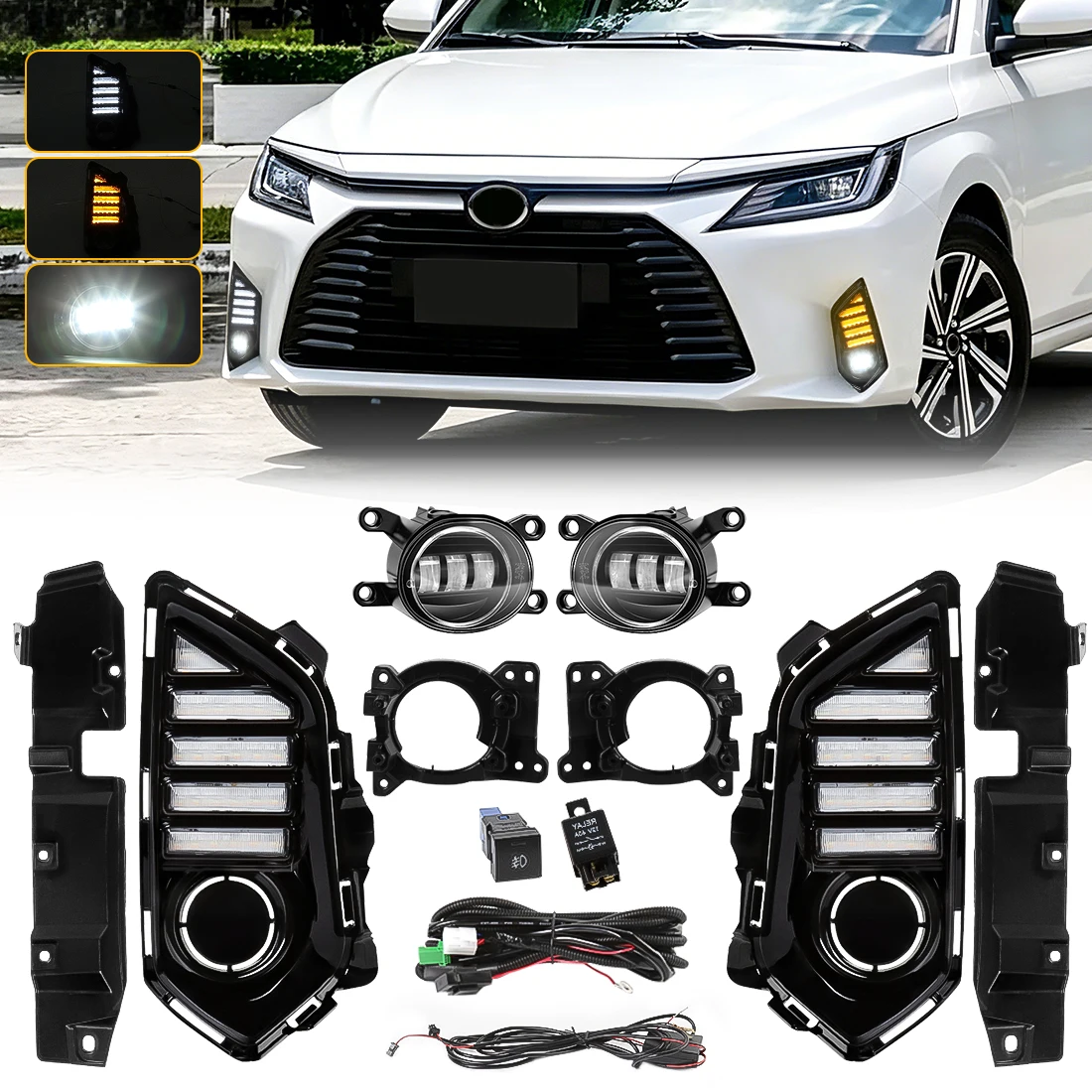 LED DRL Fog Lamp Kit For Toyota Yaris Ativ Vios 2022 2023 Front Daytime Running Light Fog Driving Light Assembly 12V